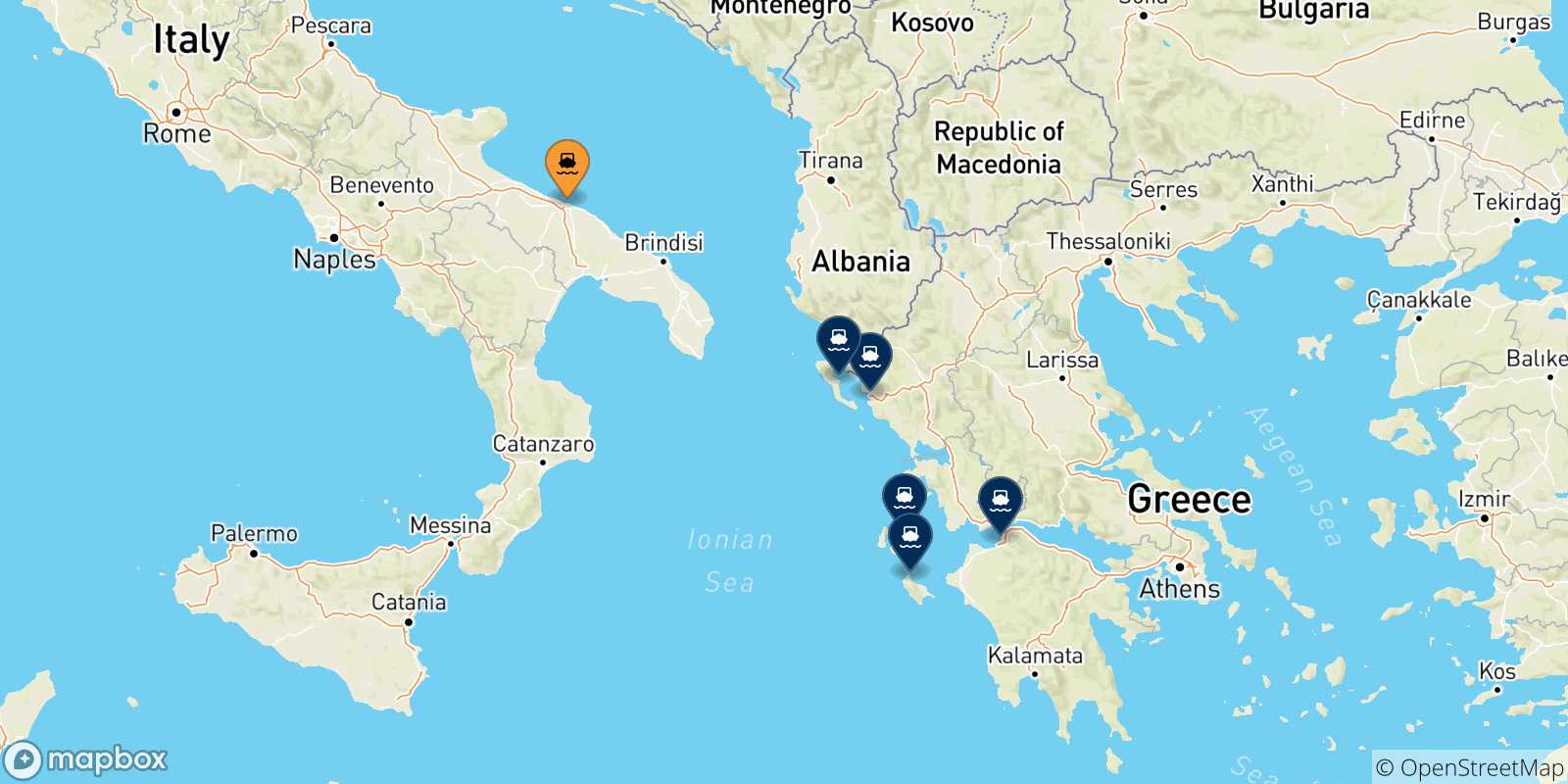 Mappa delle possibili rotte tra Bari e la Grecia