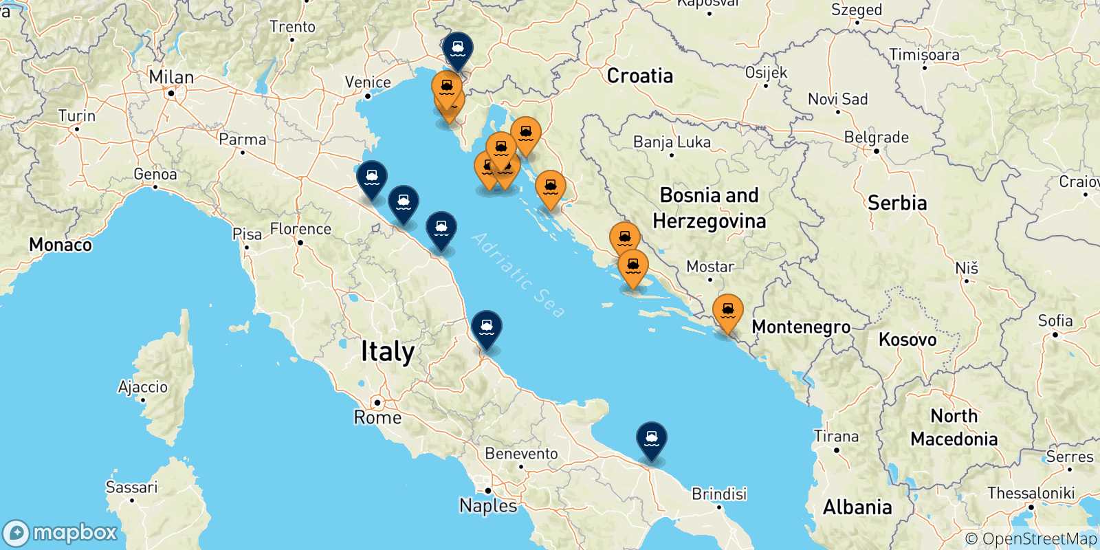 Mappa delle possibili rotte tra la Croazia e l'Italia