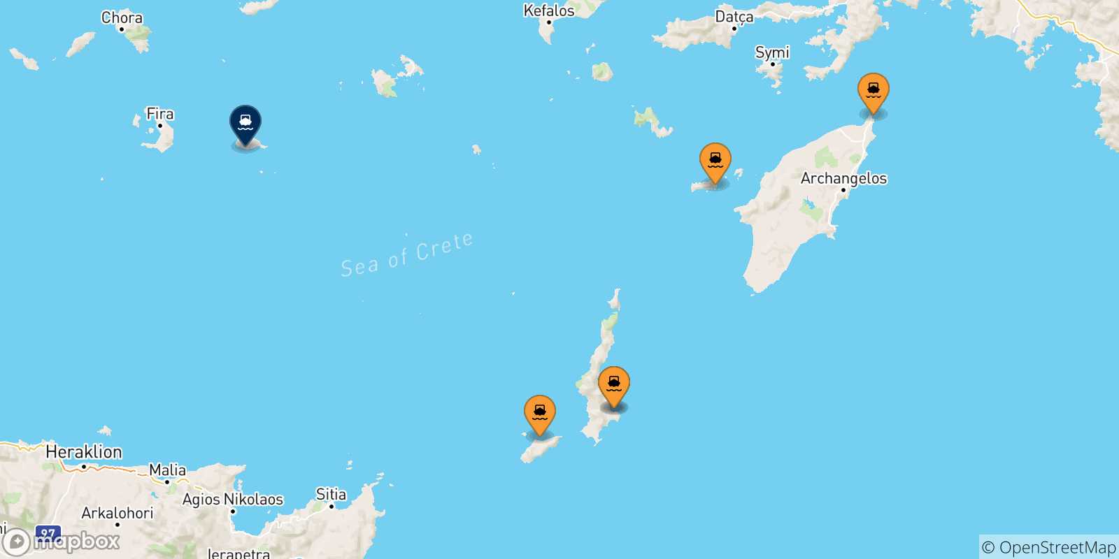 Mappa delle possibili rotte tra le Isole Dodecaneso e Anafi