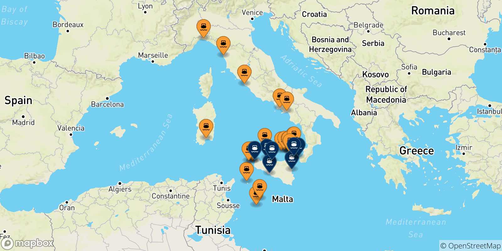 Mappa delle possibili rotte tra l'Italia e la Sicilia