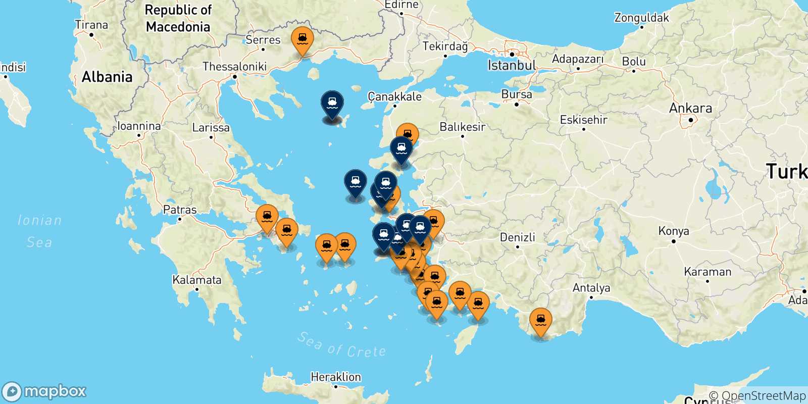 Mappa dei porti collegati con le Isole Egeo Nord Orientale