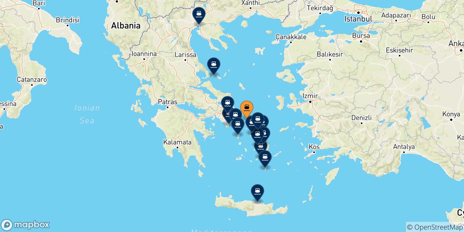 Mappa delle possibili rotte tra Andros e la Grecia