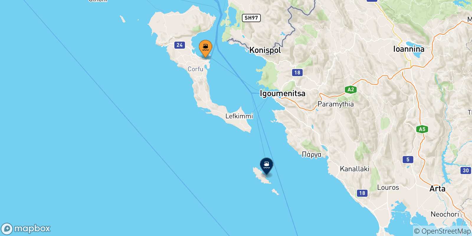 Mappa delle possibili rotte tra Corfu e la Grecia