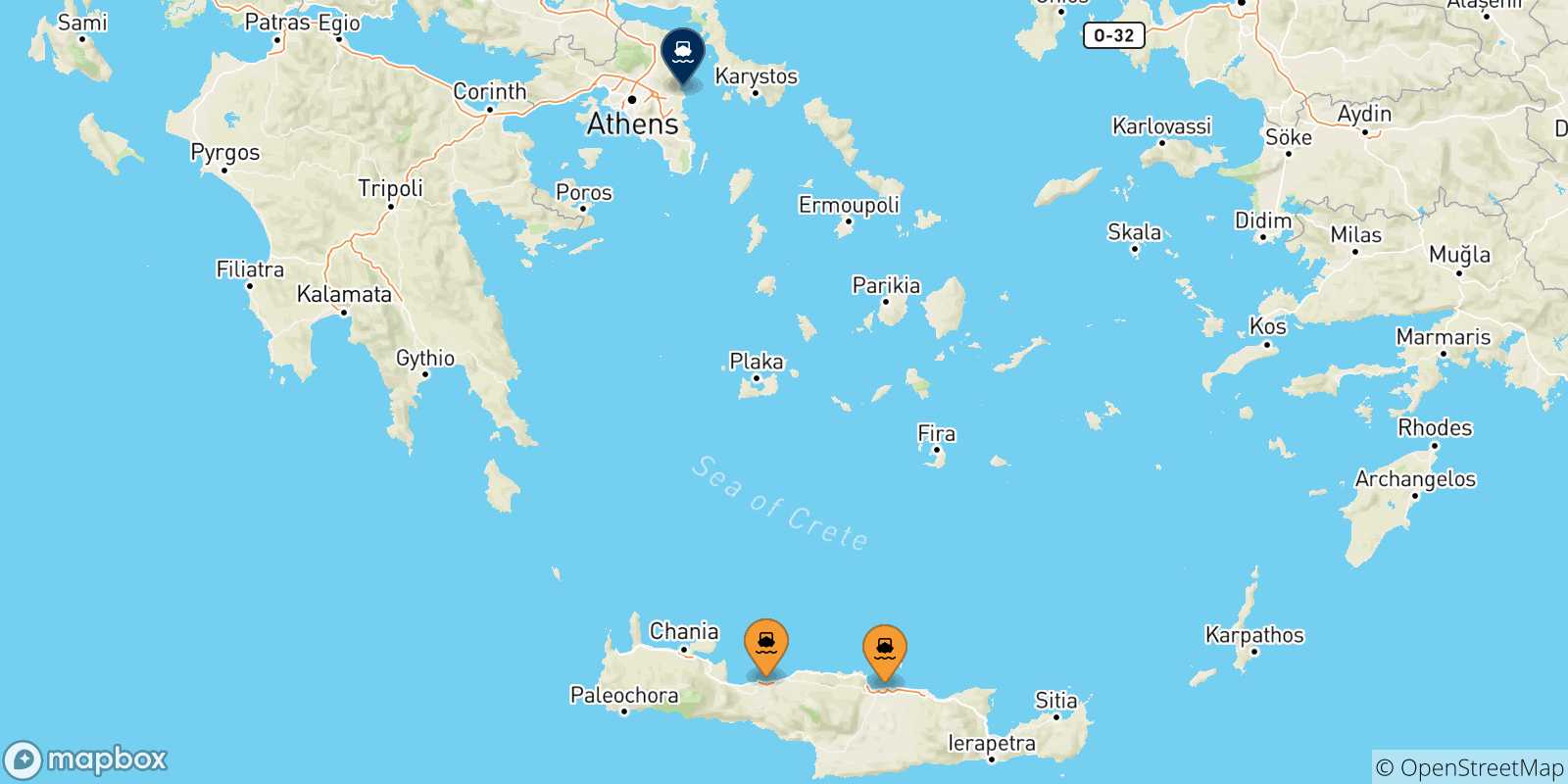 Mappa delle possibili rotte tra Creta e Rafina