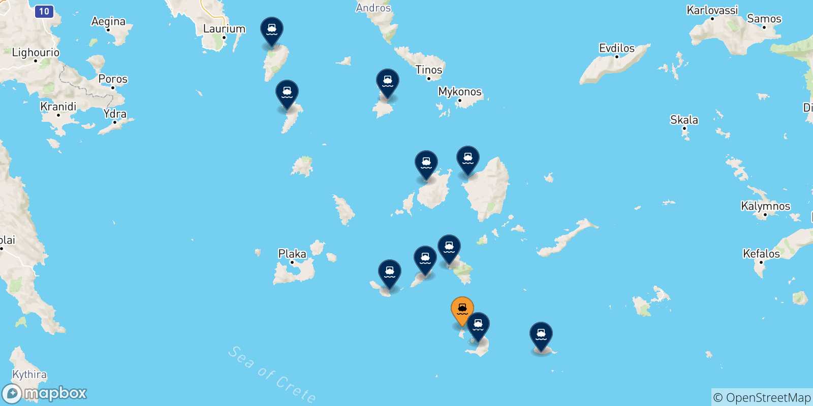 Mappa delle possibili rotte tra Thirassia e le Isole Cicladi