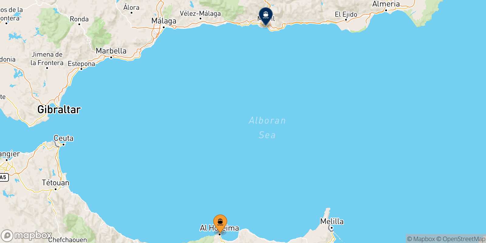 Mappa delle destinazioni raggiungibili da Al Hoceima