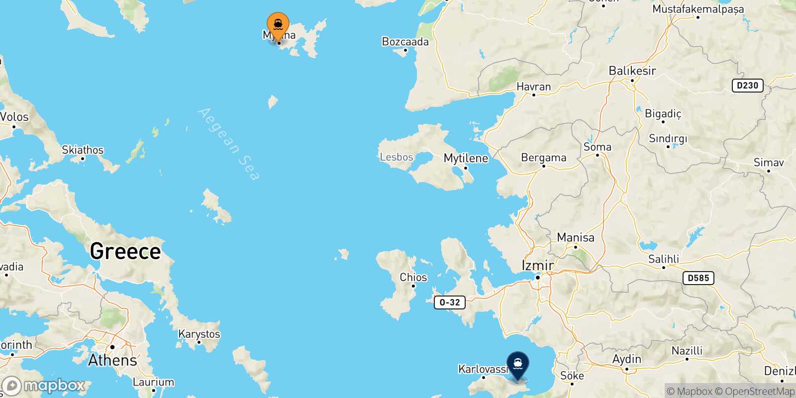 Mappa della rotta Mirina (Limnos) Vathi (Samos)