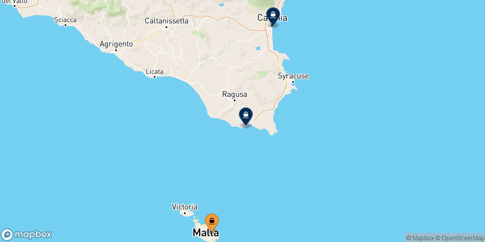 Mappa delle destinazioni raggiungibili da La Valletta (Malta)