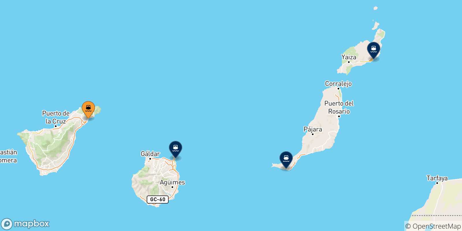 Mappa delle possibili rotte tra Santa Cruz De Tenerife e le Isole Canarie