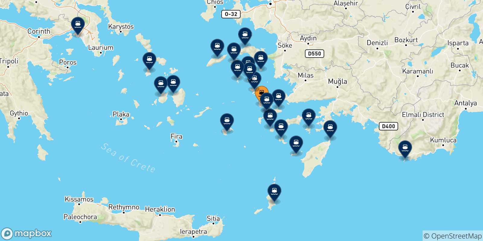 Mappa delle possibili rotte tra Kalymnos e la Grecia