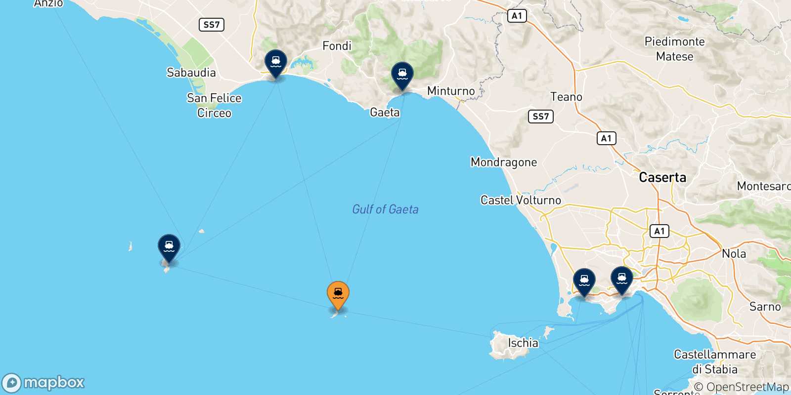 Mappa delle possibili rotte tra Ventotene e l'Italia