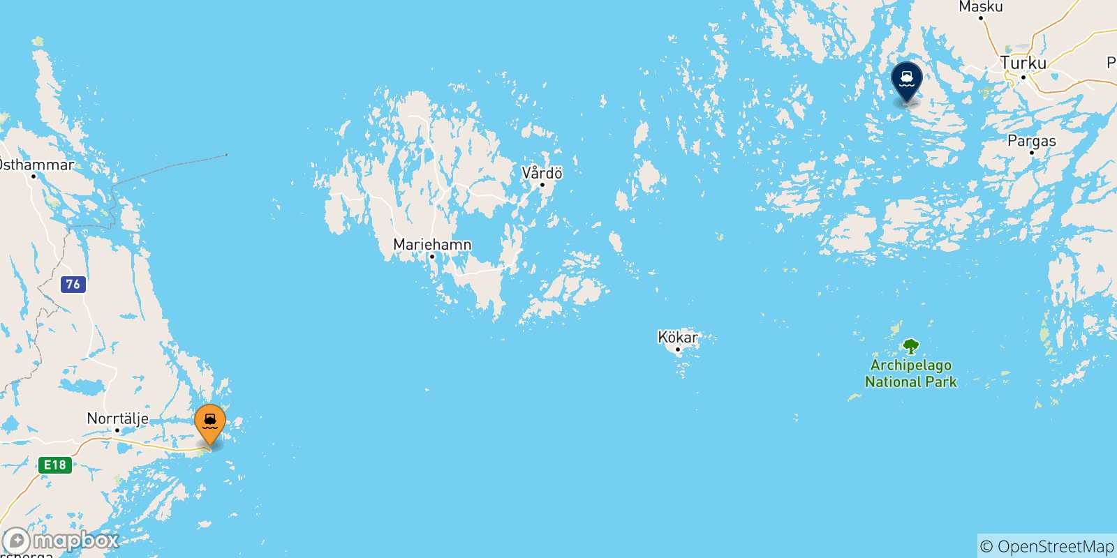 Mappa delle possibili rotte tra la Svezia e Naantali