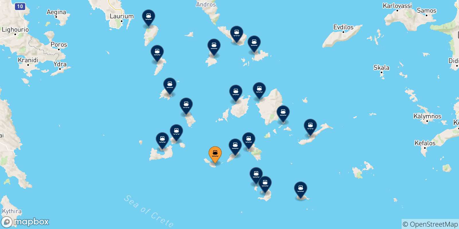 Mappa delle possibili rotte tra Folegandros e le Isole Cicladi