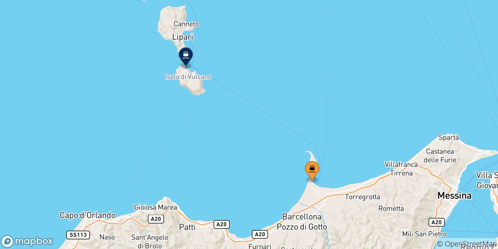 Mappa delle possibili rotte tra la Sicilia e Vulcano