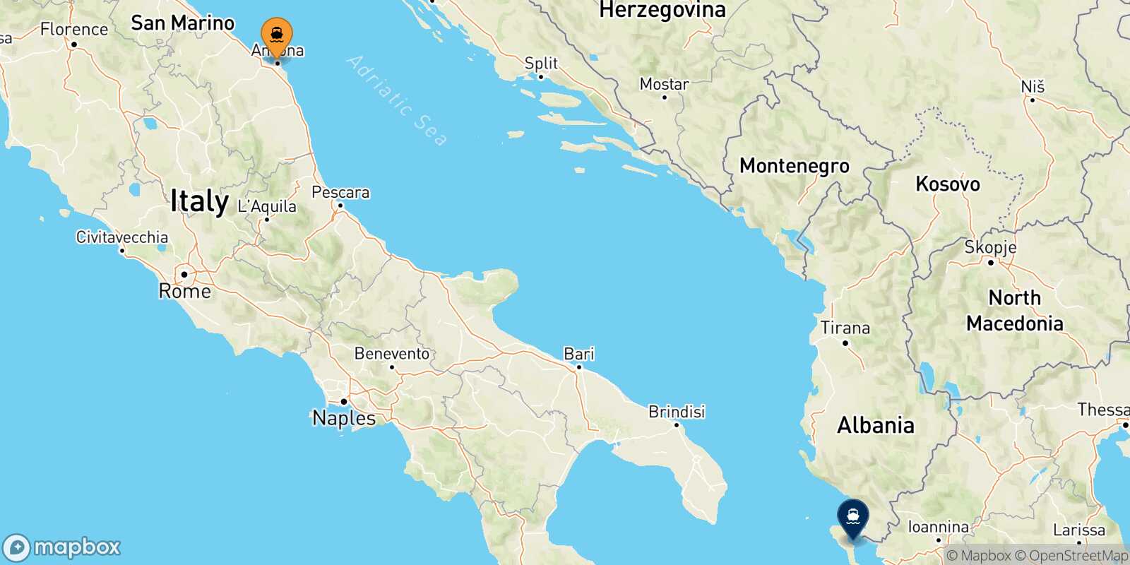 Mappa della rotta Ancona Corfu
