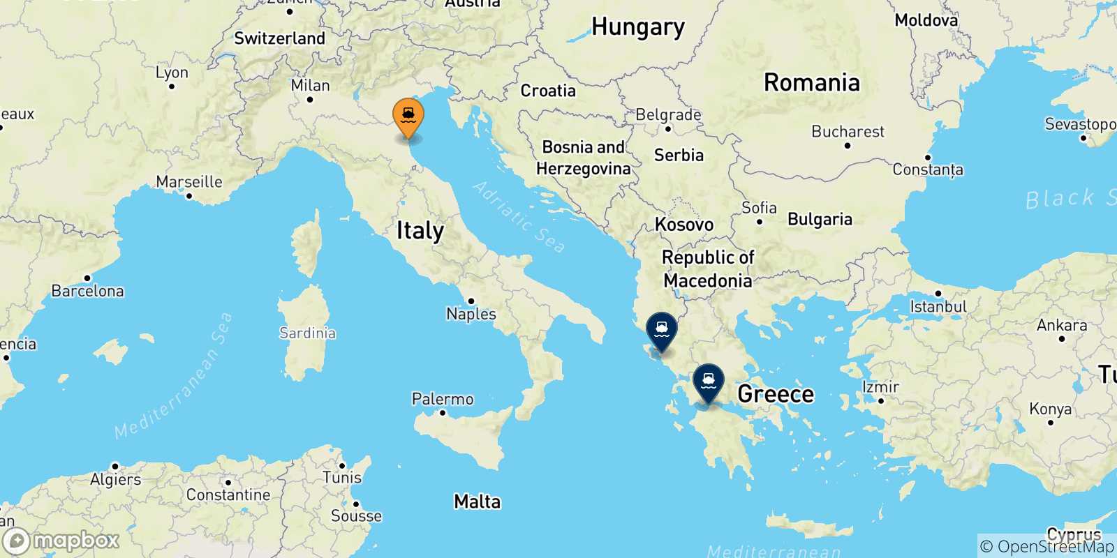 Mappa delle possibili rotte tra Ravenna e la Grecia