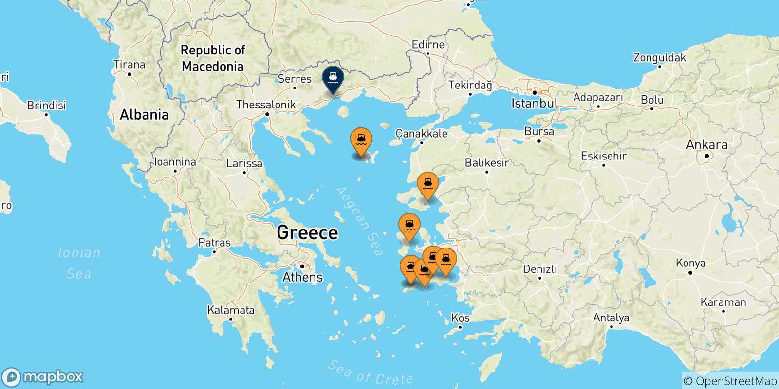 Mappa delle possibili rotte tra le Isole Egeo Nord Orientale e Kavala