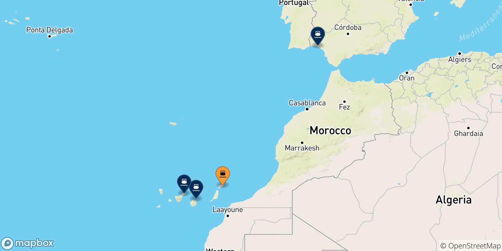 Mappa delle possibili rotte tra Arrecife (Lanzarote) e la Spagna