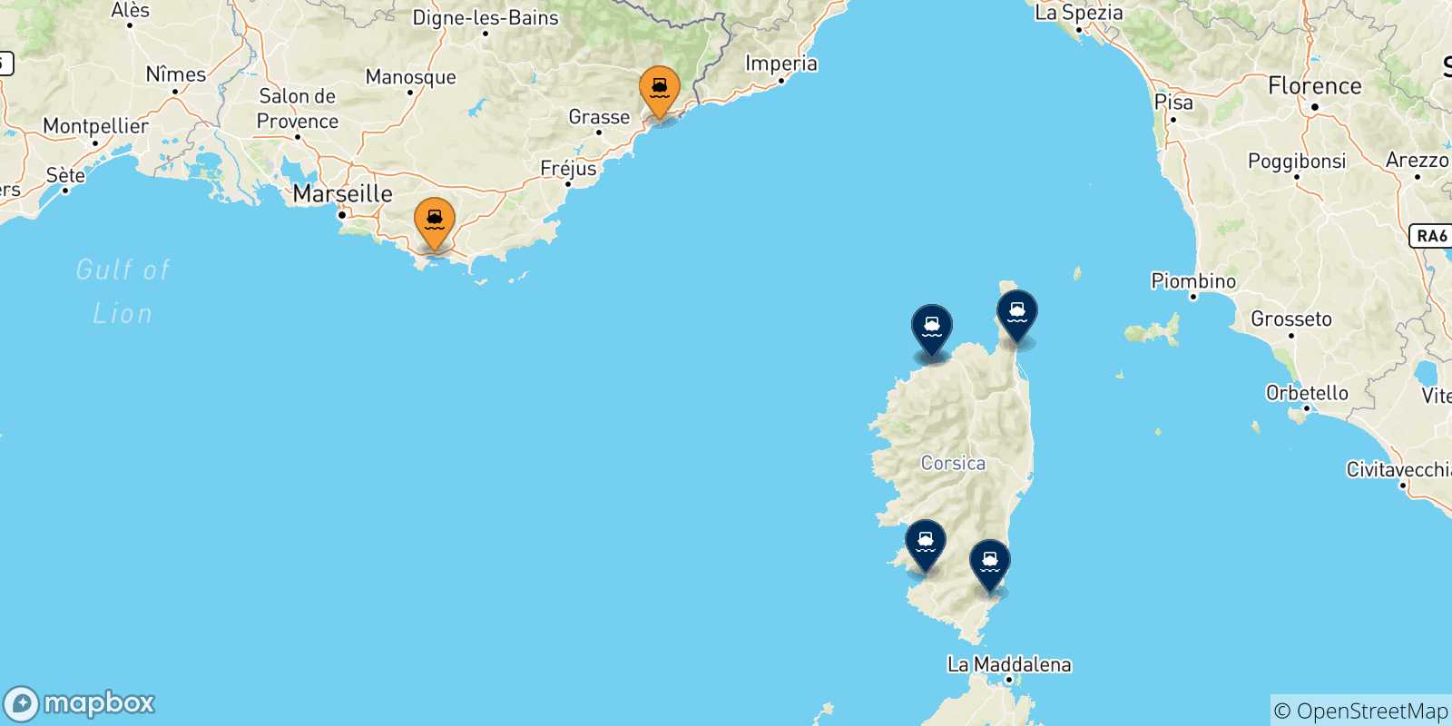 Mappa delle possibili rotte tra la Francia e la Corsica