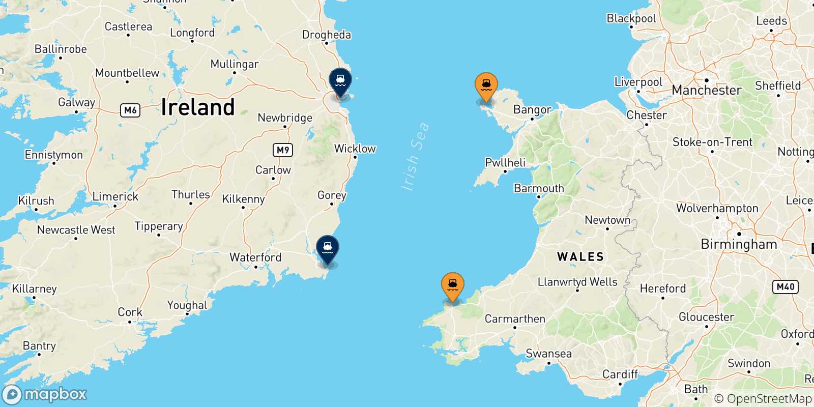 Mappa delle possibili rotte tra il Regno Unito e l'Irlanda
