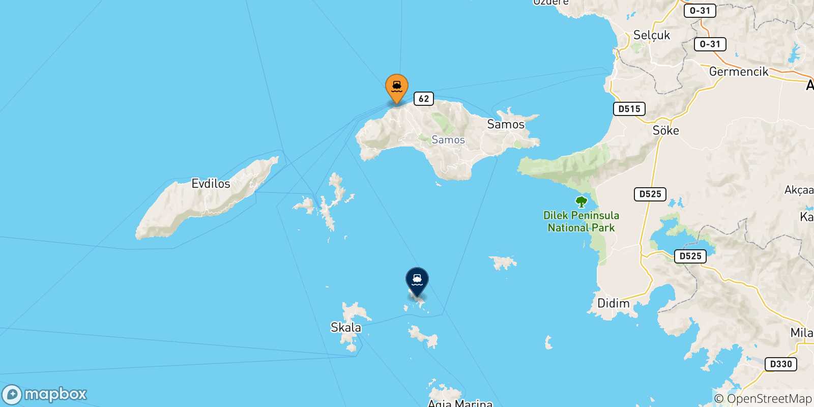 Mappa delle possibili rotte tra le Isole Egeo Nord Orientale e Arkyi