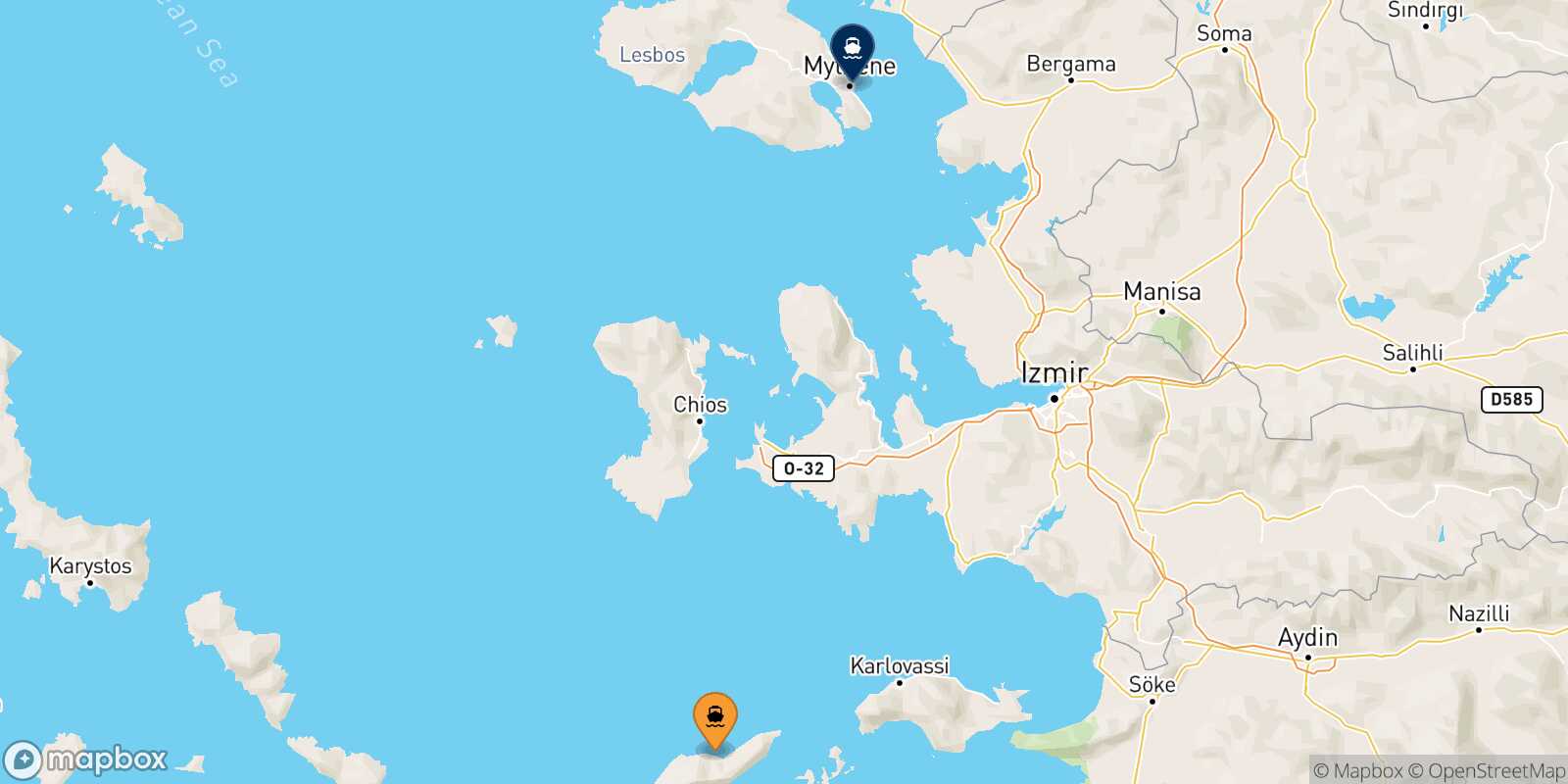 Mappa della rotta Agios Kirikos (Ikaria) Mitilini (Lesvos)