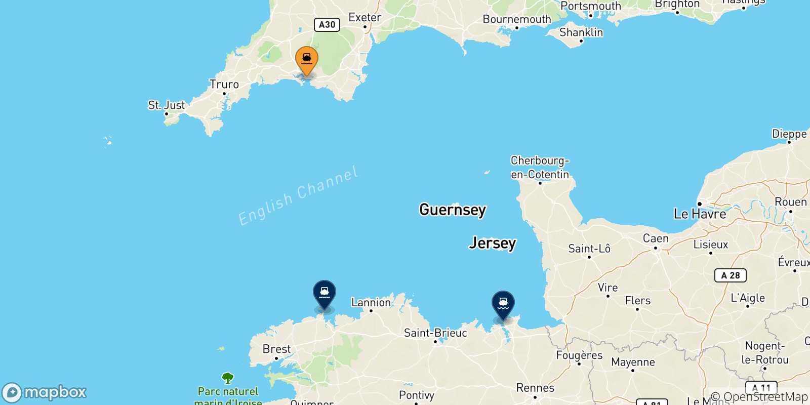 Mappa delle possibili rotte tra Plymouth e la Francia