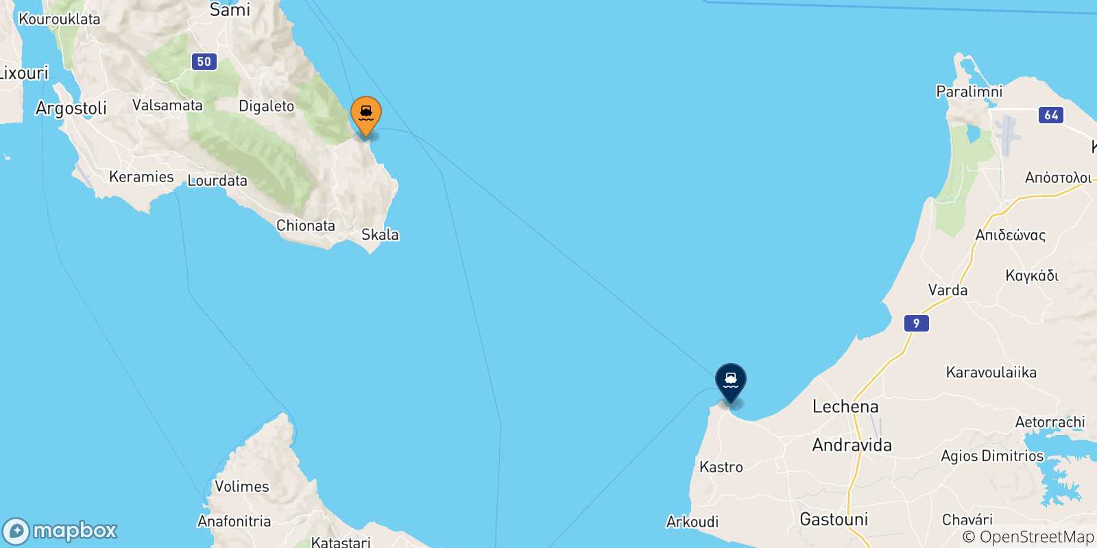 Mappa delle possibili rotte tra Poros (Cefalonia) e la Grecia