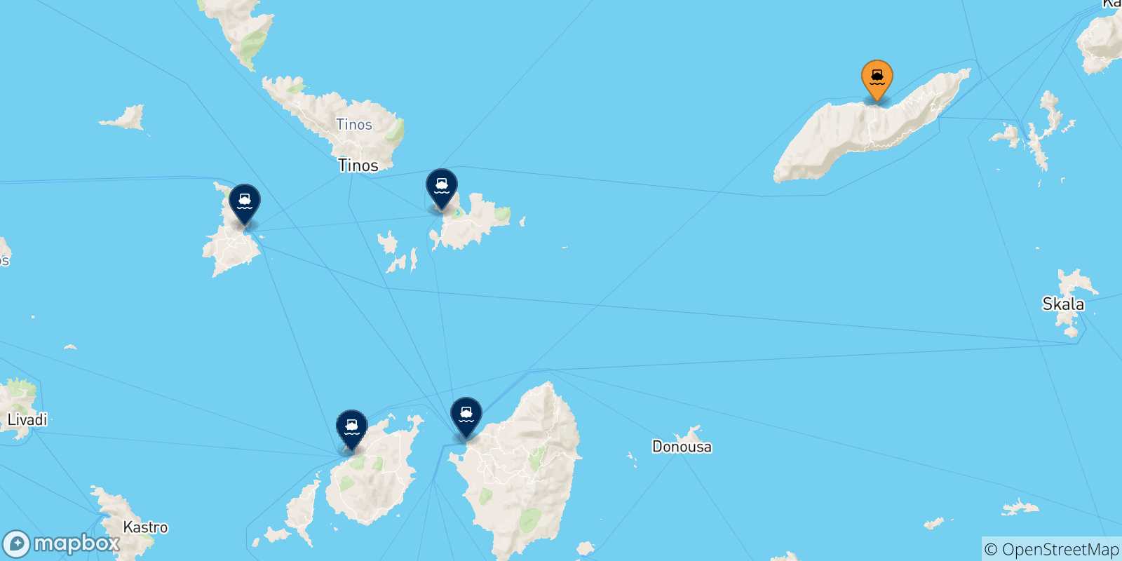 Mappa delle possibili rotte tra Agios Kirikos (Ikaria) e le Isole Cicladi