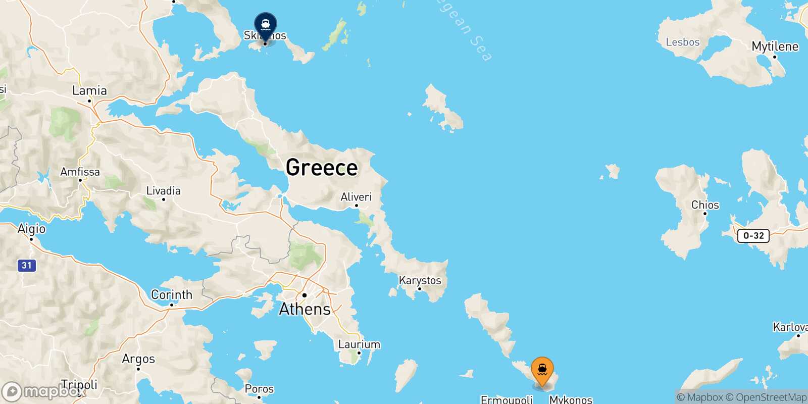 Mappa delle destinazioni raggiungibili da Tinos