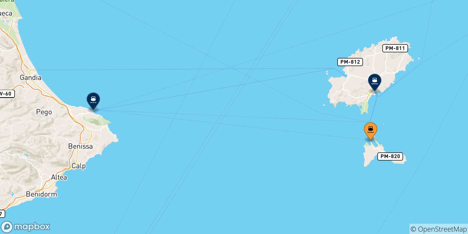 Mappa delle possibili rotte tra Formentera e la Spagna