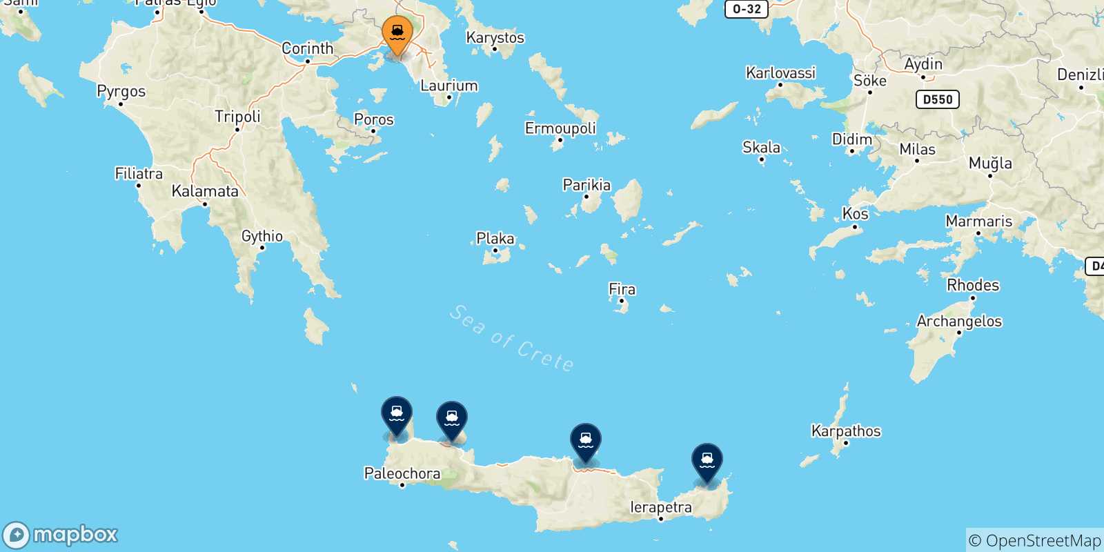 Mappa delle possibili rotte tra Pireo e Creta