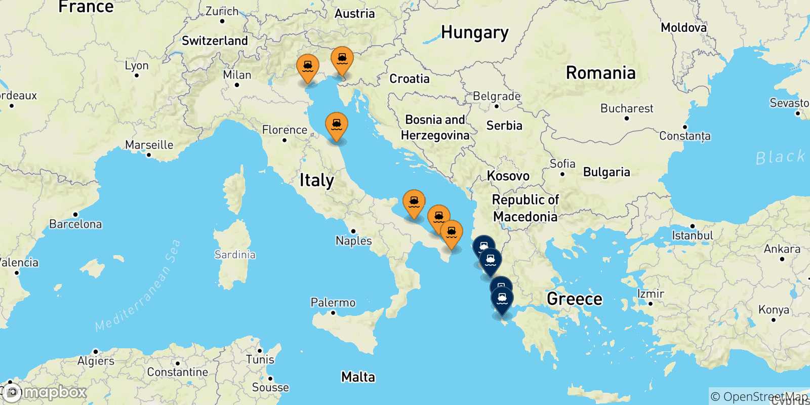 Mappa delle possibili rotte tra l'Italia e le Isole Ionie