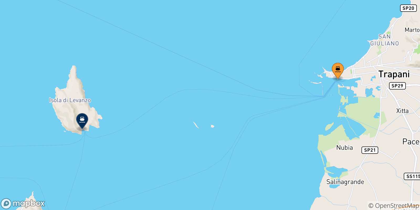 Mappa delle possibili rotte tra la Sicilia e Levanzo