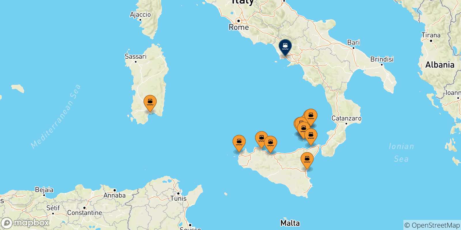 Mappa delle possibili rotte tra l'Italia e Napoli