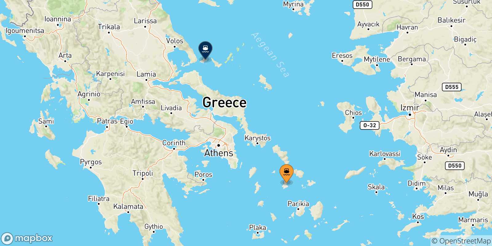 Mappa delle possibili rotte tra Syros e le Isole Sporadi