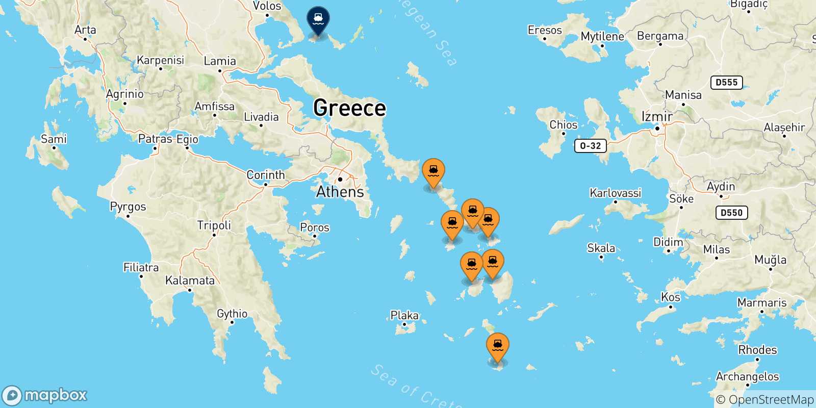 Mappa delle possibili rotte tra le Isole Cicladi e Skiathos
