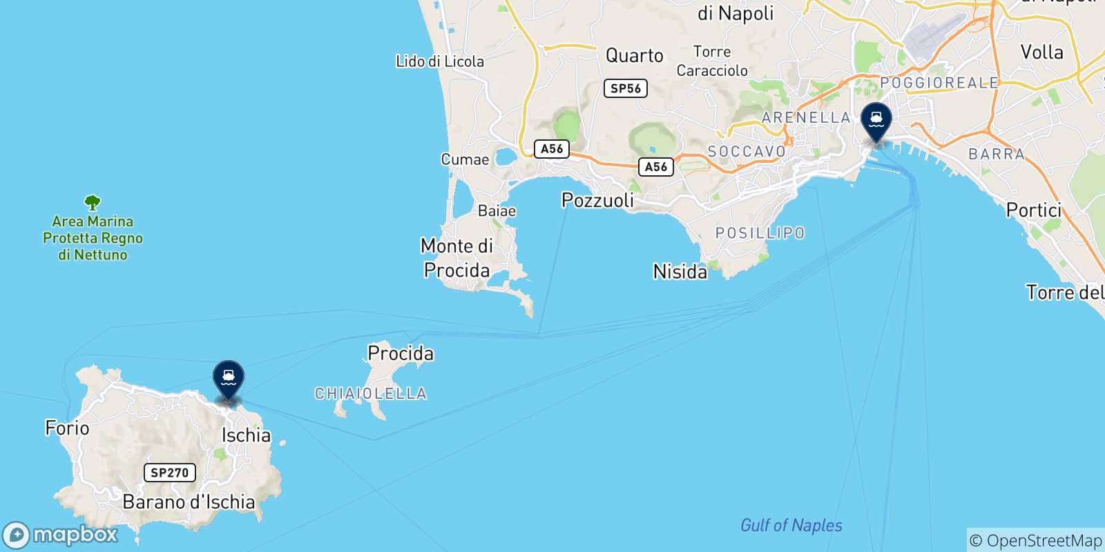 Mappa delle possibili rotte tra Forio (Ischia) e l'Italia
