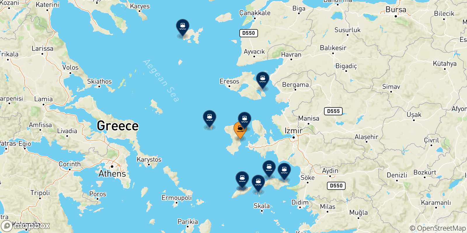 Mappa delle possibili rotte tra Chios e le Isole Egeo Nord Orientale