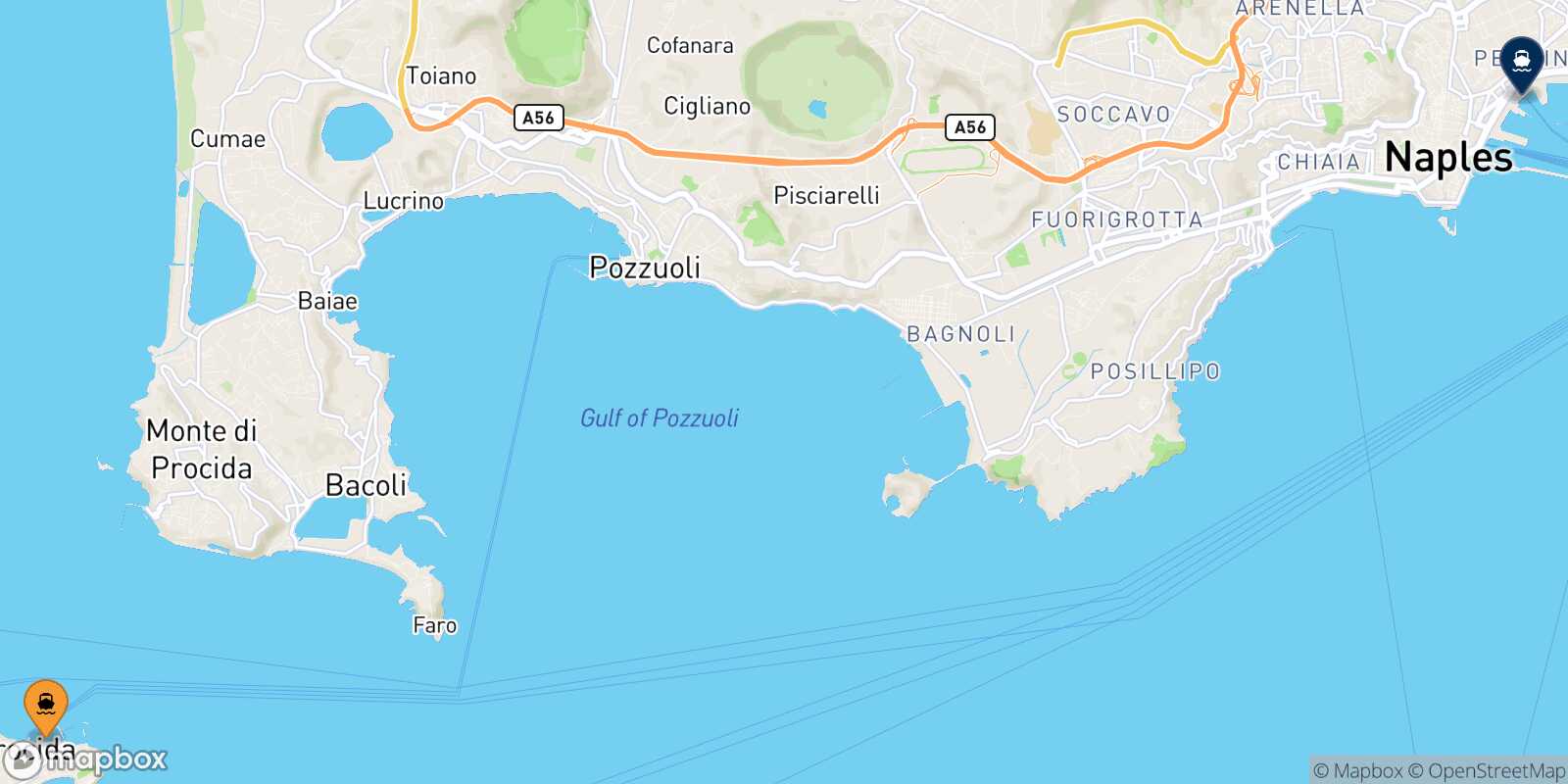Mappa della rotta Procida Napoli Beverello