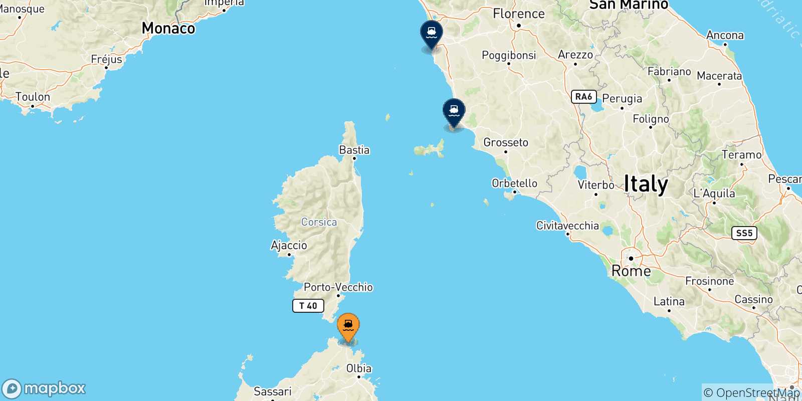 Mappa delle possibili rotte tra Golfo Aranci e l'Italia