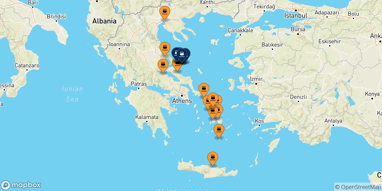 Mappa delle possibili rotte tra la Grecia e le Isole Sporadi