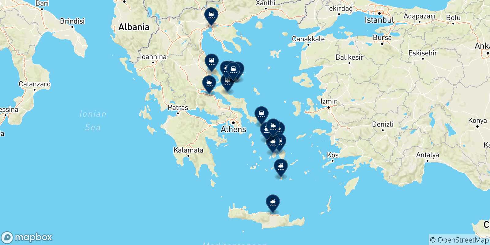 Mappa delle possibili rotte tra Skiathos e la Grecia