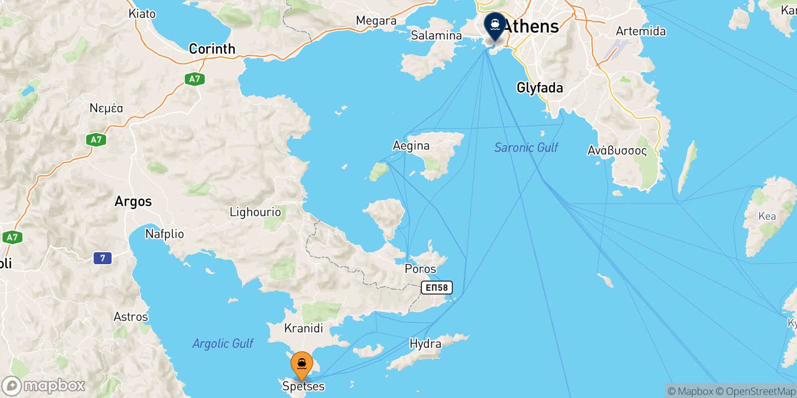 Mappa della rotta Spetses Pireo