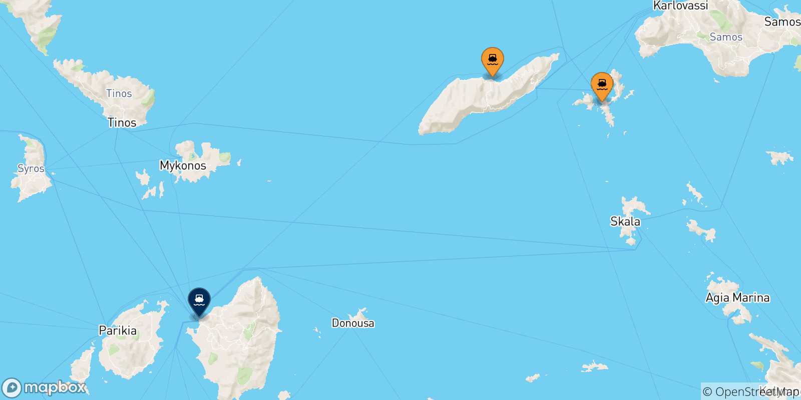 Mappa delle possibili rotte tra le Isole Egeo Nord Orientale e Naxos