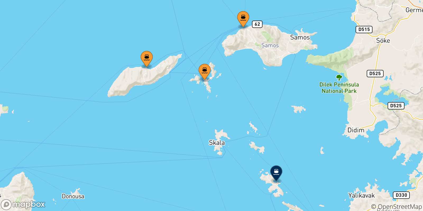 Mappa delle possibili rotte tra le Isole Egeo Nord Orientale e Leros