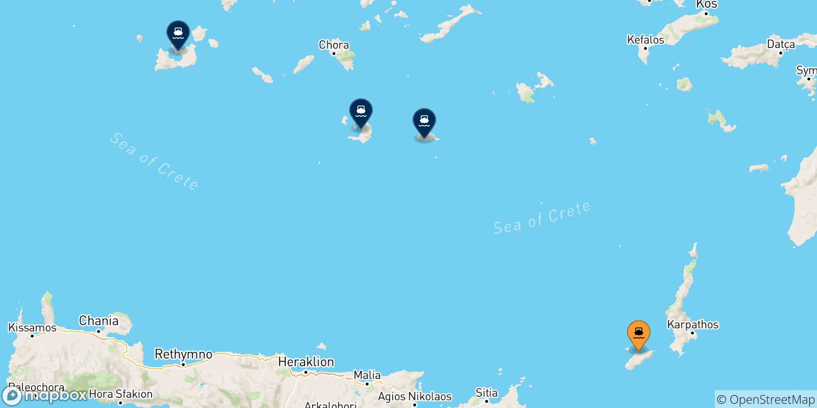 Mappa delle possibili rotte tra Kasos e le Isole Cicladi