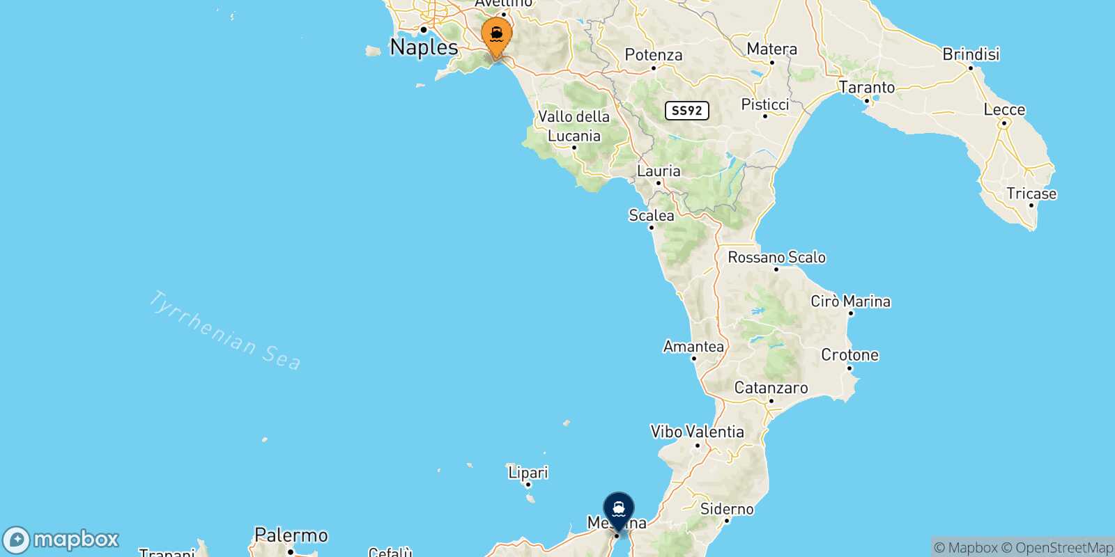 Mappa della rotta Salerno Messina