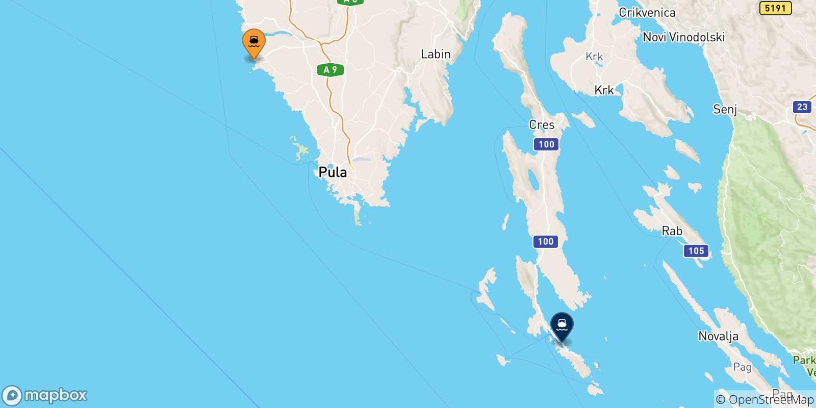 Mappa delle possibili rotte tra la Croazia e Lussinpiccolo