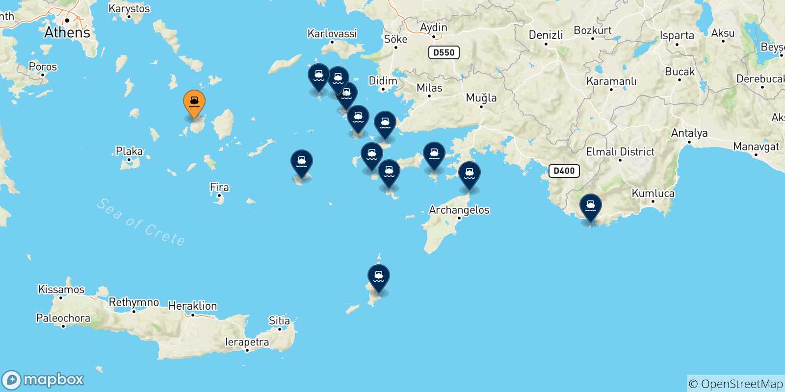Mappa delle possibili rotte tra Paros e le Isole Dodecaneso